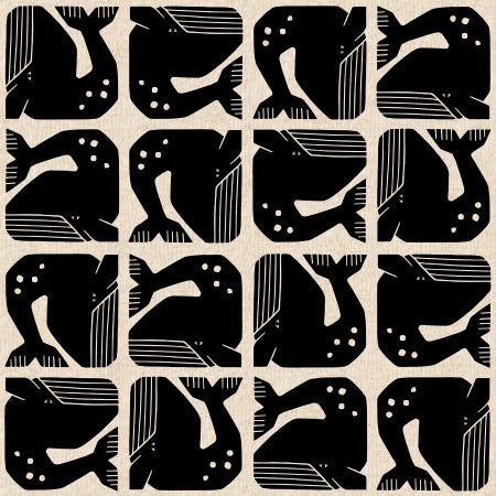Grumpy Whale cotton linen canvas fabric in Night Sky by Loes van Oosten featuring stylized whale print on unbleached canvas
