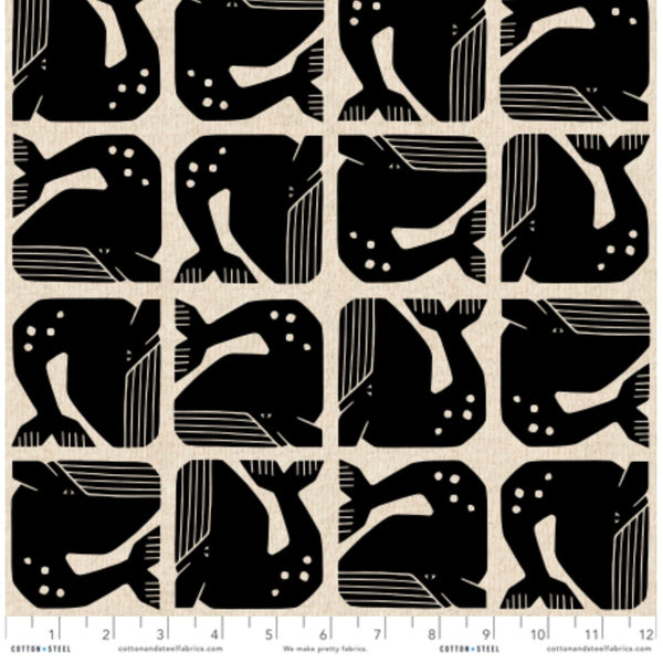 Scale of Grumpy Whale cotton linen canvas fabric in Night Sky by Loes van Oosten featuring stylized whale print on unbleached canvas