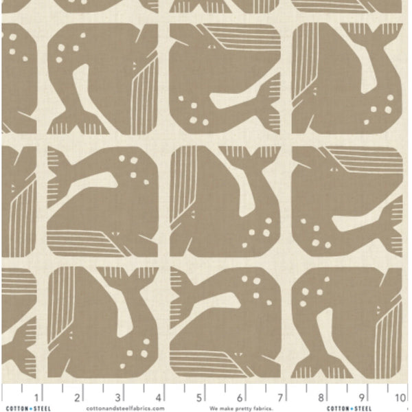 Scale of Grumpy Whale cotton fabric in Stone by Loes van Oosten featuring stylized whale print on unbleached cotton fabric
