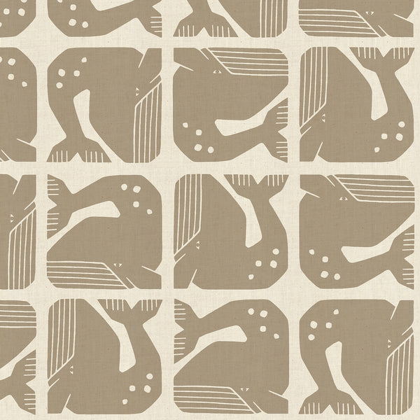 Grumpy Whale cotton fabric in Stone by Loes van Oosten featuring stylized whale print on unbleached cotton fabric