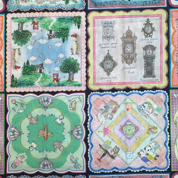 CLose up of Handkerchief Collector Cotton Lawn Fabric by Yukiemon for Hokkoh featuring whimsical handkerchiefs and charming illustrated animals, imported from Japan.