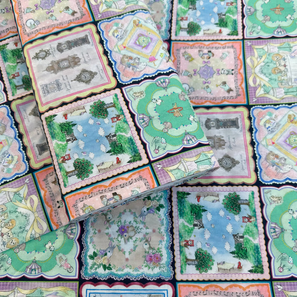 Bolt of Handkerchief Collector Cotton Lawn Fabric by Yukiemon for Hokkoh featuring whimsical handkerchiefs and charming illustrated animals, imported from Japan.