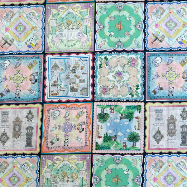 Handkerchief Collector Cotton Lawn Fabric by Yukiemon for Hokkoh featuring whimsical handkerchiefs and charming illustrated animals, imported from Japan.