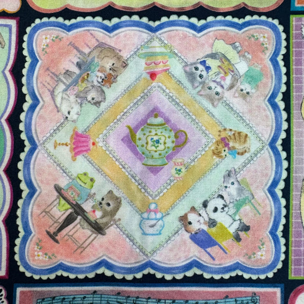 Kitty scene in Handkerchief Collector Cotton Lawn Fabric by Yukiemon for Hokkoh featuring whimsical handkerchiefs and charming illustrated animals, imported from Japan.