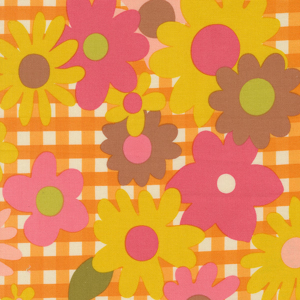 Happy Daze Blooming Blossoms in Sunrays cotton fabric by Chloe’s Closet for Moda Fabrics, retro floral print in warm yellow tones