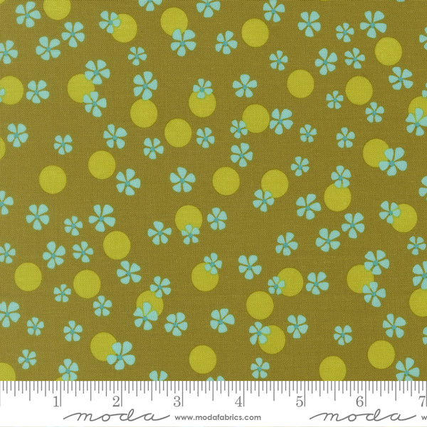 Scale of Happy Daze Easy Breezy Floral Dots in Avocado cotton fabric by Chloe’s Closet for Moda Fabrics, retro floral dot print in green tones