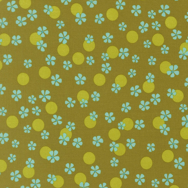 Happy Daze Easy Breezy Floral Dots in Avocado cotton fabric by Chloe’s Closet for Moda Fabrics, retro floral dot print in green tones
