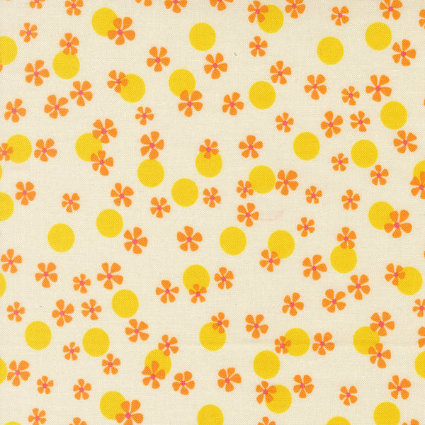 Happy Daze Easy Breezy Floral Dots in Cloud cotton fabric by Chloe’s Closet for Moda Fabrics, retro floral dot print on white background