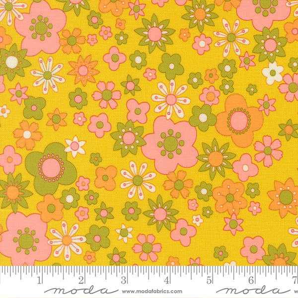 Scale of Happy Daze Petal Power in Citrine cotton fabric by Chloe’s Closet for Moda Fabrics, groovy retro floral print on yellow background