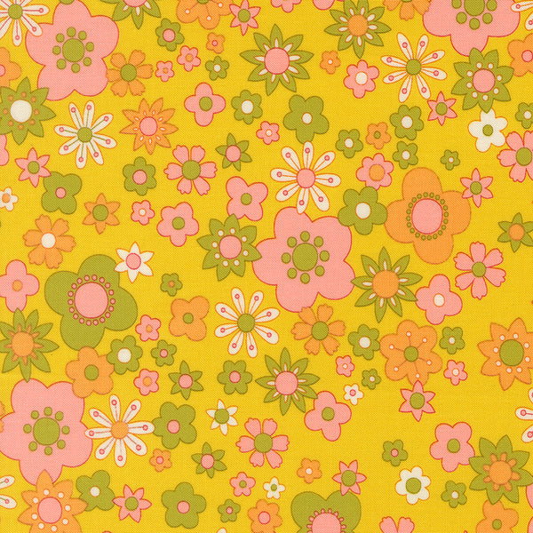 Happy Daze Petal Power in Citrine cotton fabric by Chloe’s Closet for Moda Fabrics, groovy retro floral print on yellow background