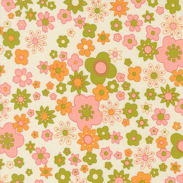 Happy Daze Petal Power in Cloud cotton fabric by Chloe’s Closet for Moda Fabrics, groovy retro floral print on white background