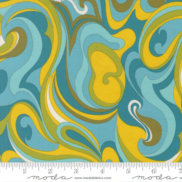 Scale of Happy Daze Vibing Swirls in Aqua cotton fabric by Chloe’s Closet for Moda Fabrics, retro swirl print in blue and aqua tones