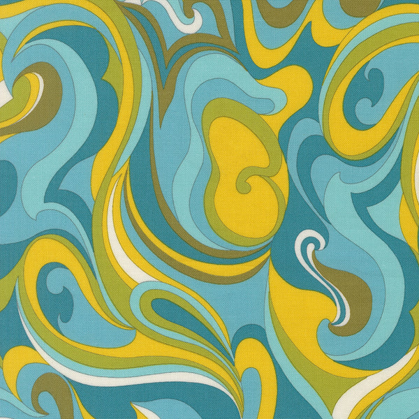 Happy Daze Vibing Swirls in Aqua cotton fabric by Chloe’s Closet for Moda Fabrics, retro swirl print in blue and aqua tones