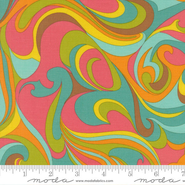 Scale of Happy Daze Vibing Swirls in Sweetie cotton fabric by Chloe’s Closet for Moda Fabrics, retro swirl print in soft pink tones