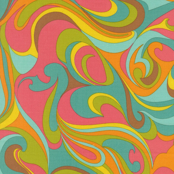 Happy Daze Vibing Swirls in Sweetie cotton fabric by Chloe’s Closet for Moda Fabrics, retro swirl print in soft pink tones