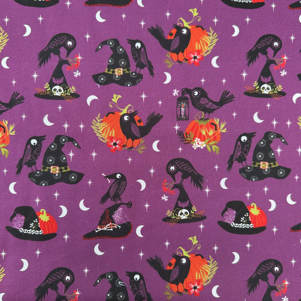 Hocus Pocus Beaks and Brims cotton fabric by Helen Black featuring crows and witch hats on a black Halloween background