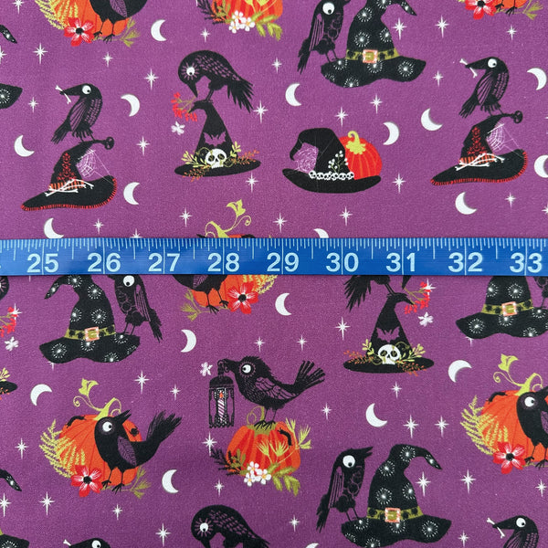 Scale of Hocus Pocus Beaks and Brims cotton fabric by Helen Black featuring crows and witch hats on a black Halloween background