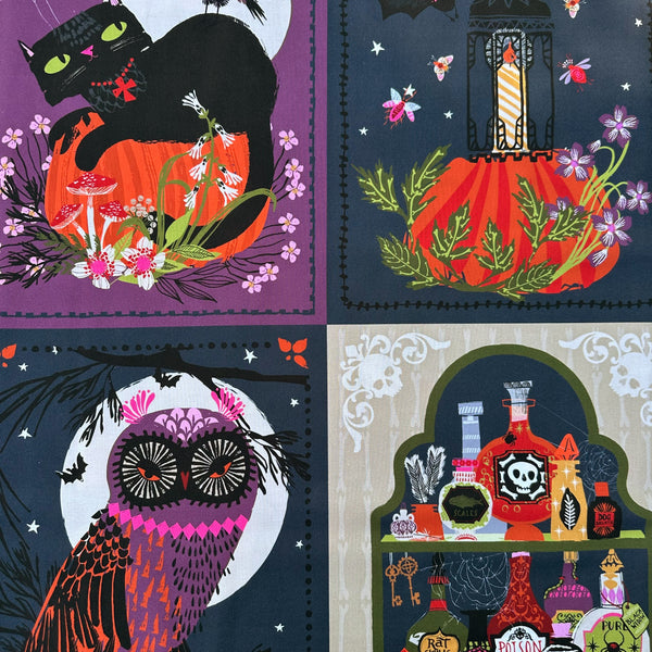 Hocus Pocus Halloween panel cotton fabric by Helen Black featuring spooky seasonal illustrations, pumpkins, and black cats
