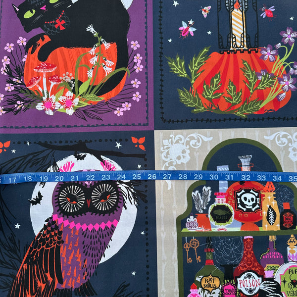 Selvage of Hocus Pocus Halloween panel cotton fabric by Helen Black featuring spooky seasonal illustrations, pumpkins, and black cats