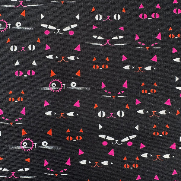 Hocus Pocus Pumpkin Patch cotton fabric by Helen Black featuring Halloween cat faces peeking through a shadowy black background