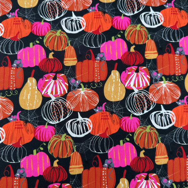 Hocus Pocus Pumpkin Patch cotton fabric by Helen Black featuring charming pumpkins and cute mice on a black background