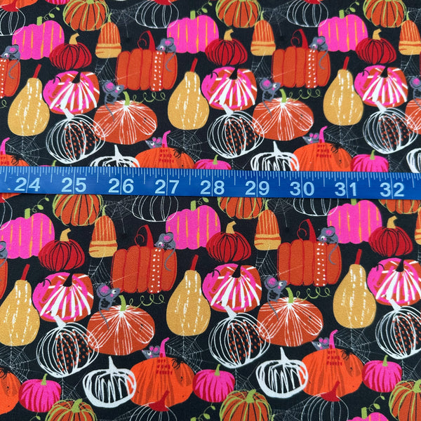 Hocus Pocus Pumpkin Patch cotton fabric by Helen Black featuring charming pumpkins and cute mice on a black background