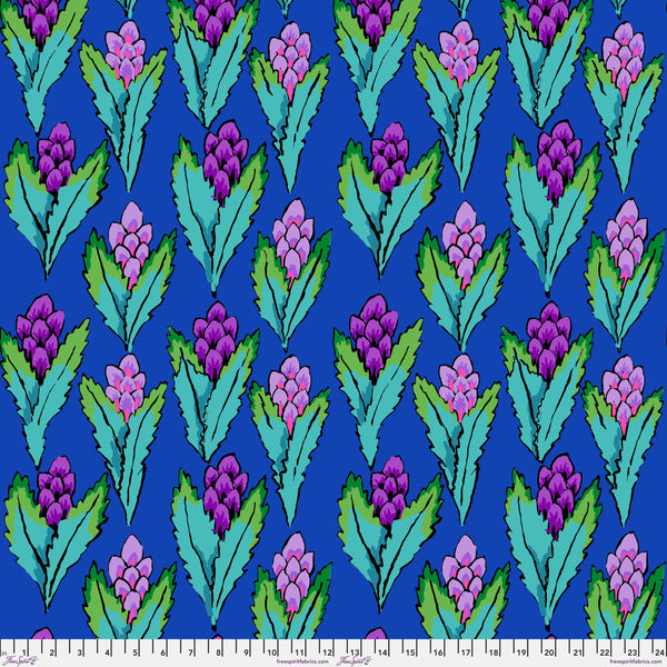 Scale of Hyacinth in Blue cotton fabric by Kaffe Fassett Collective FreeSpirit Fabrics featuring purple and pink floral blooms on a blue background.
