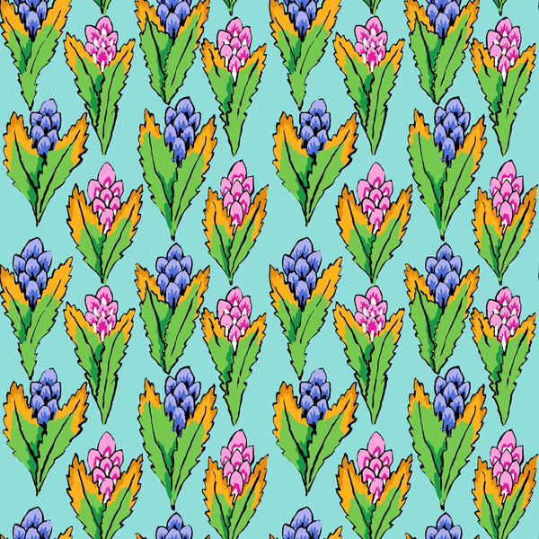 Hyacinth in Duck Egg cotton fabric by Kaffe Fassett Collective FreeSpirit Fabrics featuring vibrant floral blooms on a soft blue background.
