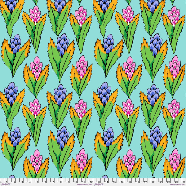 Scale of Hyacinth in Duck Egg cotton fabric by Kaffe Fassett Collective FreeSpirit Fabrics featuring vibrant floral blooms on a soft blue background.