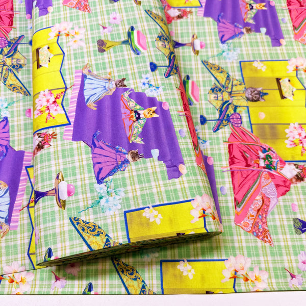 Bolt of Imperial Court Cats cotton fabric in green by Nora – vibrant photo-real cats dressed as emperors and empresses on quilt weight cotton