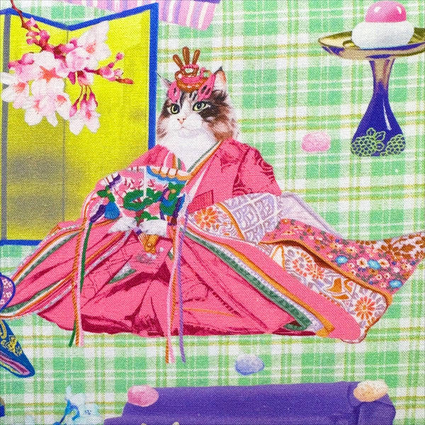Close up of Imperial Court Cats cotton fabric in green by Nora – vibrant photo-real cats dressed as emperors and empresses on quilt weight cotton