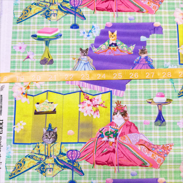 Scale of Imperial Court Cats cotton fabric in green by Nora – vibrant photo-real cats dressed as emperors and empresses on quilt weight cotton