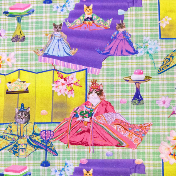 Imperial Court Cats cotton fabric in green by Nora – vibrant photo-real cats dressed as emperors and empresses on quilt weight cotton