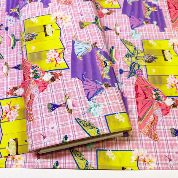 Bolt of Imperial Court Cats cotton fabric in pink by Nora – vibrant photo-real cats dressed as emperors and empresses on quilt weight cotton