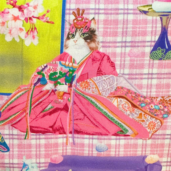 Close up of Imperial Court Cats cotton fabric in pink by Nora – vibrant photo-real cats dressed as emperors and empresses on quilt weight cotton