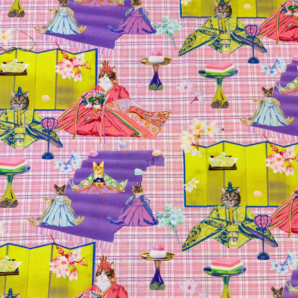 Imperial Court Cats cotton fabric in pink by Nora – vibrant photo-real cats dressed as emperors and empresses on quilt weight cotton