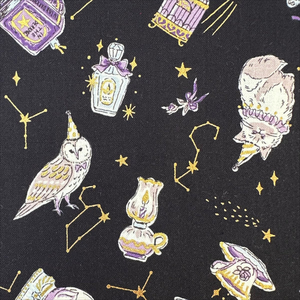 Close up of In the Darkness Constellation Cats cotton fabric by Kokka in black, YGA-91050 2A