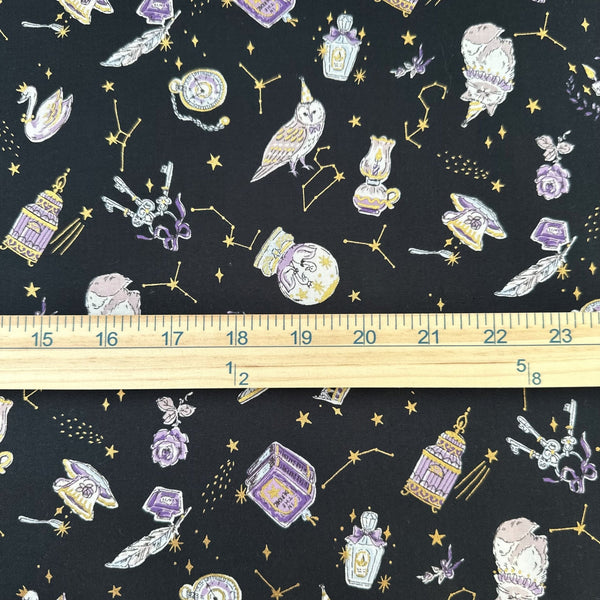 Scale of In the Darkness Constellation Cats cotton fabric by Kokka in black, YGA-91050 2A