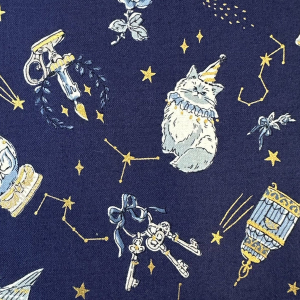 Close up of In the Darkness Constellation Cats cotton fabric by Kokka in blue, YGA-91050 2B