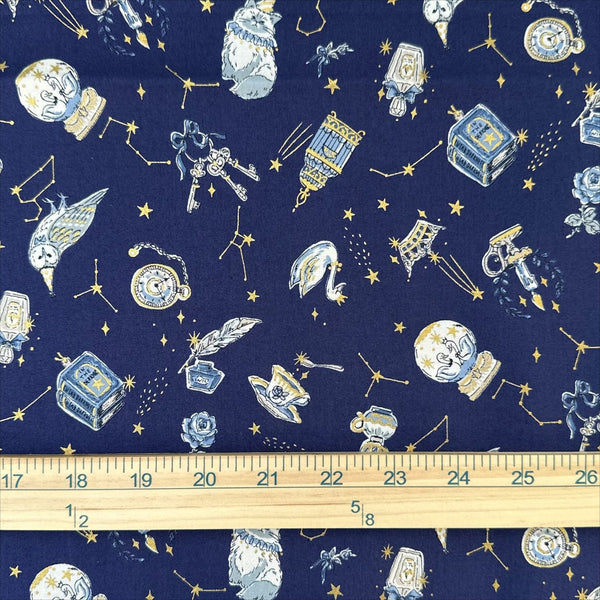Scale of In the Darkness Constellation Cats cotton fabric by Kokka in blue, YGA-91050 2B