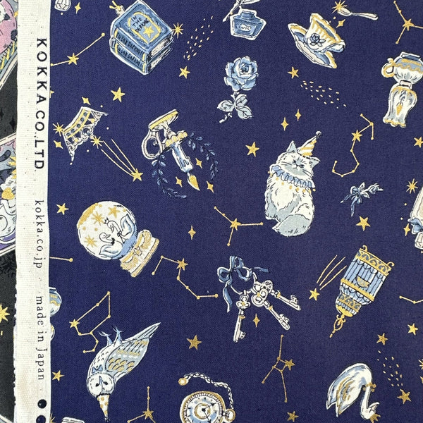 Selvage of In the Darkness Constellation Cats cotton fabric by Kokka in blue, YGA-91050 2B