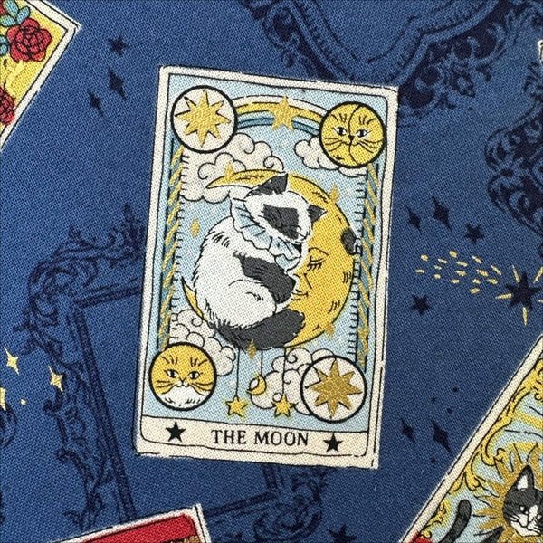 Close up of In the Darkness Tarot Cats cotton fabric by Kokka in blue, YGA-91050 D