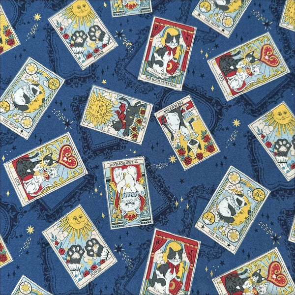 In the Darkness Tarot Cats cotton fabric by Kokka in blue, YGA-91050 D