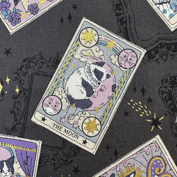 Close up of In the Darkness Tarot Cats cotton fabric by Kokka in gray, YGA-91050 E