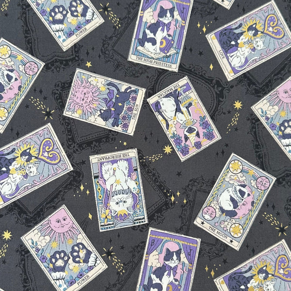 In the Darkness Tarot Cats cotton fabric by Kokka in gray, YGA-91050 E