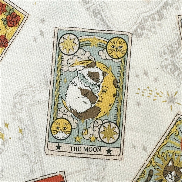 Close up of In the Darkness Tarot Cats cotton fabric by Kokka in ivory, YGA-91050 A