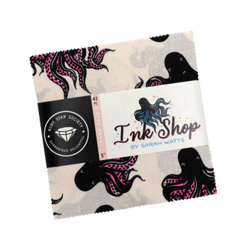 Ink Shop Charm Pack by Sarah Watts for Ruby Star Society features 42 assorted 5" squares in a mix of colorful prints from the collection.