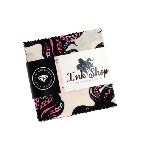 Ink Shop Mini Charm Pack by Sarah Watts for Ruby Star Society features 42 assorted 2.5" squares in a mix of colorful prints from the collection.