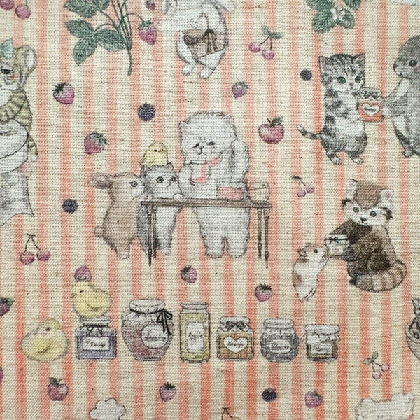 Close up of Jam Lab cotton linen fabric by Yukiemon for Hokkoh featuring a whimsical critter tea party with animals making jam on a pink striped background, imported from Japan