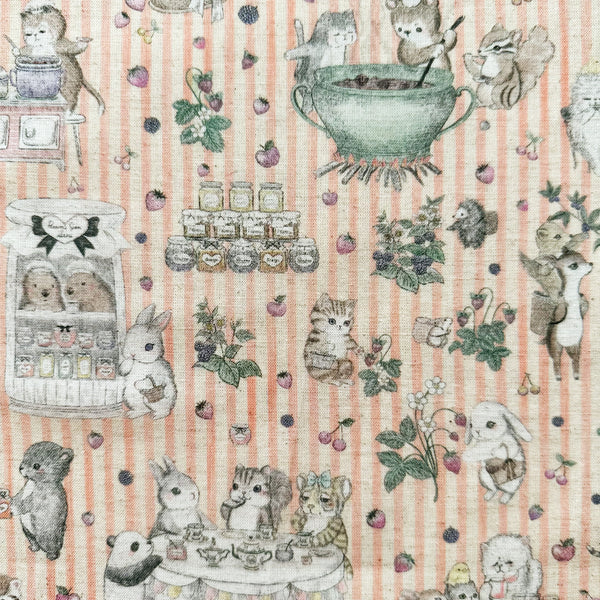 Jam Lab cotton linen fabric by Yukiemon for Hokkoh featuring a whimsical critter tea party with animals making jam on a pink striped background, imported from Japan